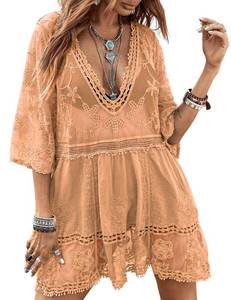 lot 9958 image: Eomenie Womens Contrast Lace Bathing Suit Cover Up V-Neck Swimsuit Coverups Loose Swimwear Beach Dress Beachwear Apricot XL