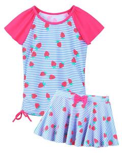 lot 9965 image: Girls Rash Guard 2 Pieces Bathing Suit UPF50 Swimsuit with Swimming Skirt Swimwear S377_StrawberryBlue_size 14yr