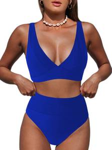 lot 9972 image: Hilinker V Neck Bikini Sets for Women High Waisted Swimsuit 2 Piece Bathing Suit Royal Blue Small