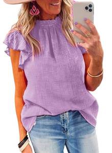lot 9973 image: Dokotoo Womens Summer Tops 2024 Crewneck Ruffle Short Sleeve Smocked Shirts for Women Casual Solid Loose Cute Cotton Babydoll Blouses Tunic Tops XL Purple