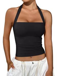 lot 9975 image: REORIA Halter Tops for Women Summer Sleeveless Going Out Outfits Y2K Trendy Cute Crop Tank Top Clothes Black Medium