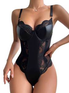 lot 9979 image: Lilosy Plus Size Sexy Leather Underwire Push Up Floral Lace Sheer Corset Lingerie Women Teddy Bodysuit Bustier Top One Piece Latex Black XX-Large