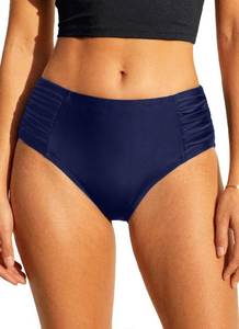 lot 9981 image: Tempt Me Women Navy Blue Bikini Bottoms Mid Waist Ruched Bathing Suit Swimsuit Full Coverage Swim Bottom M