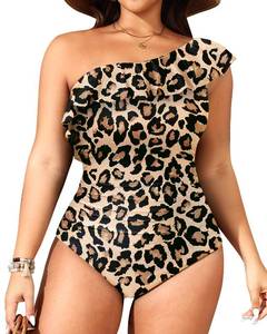 lot 9989 image: Aqua Eve Plus Size Bathing Suits for Women One Piece Swimsuits One Shoulder Ruffle Tummy Control Leopard Swimwear 14W