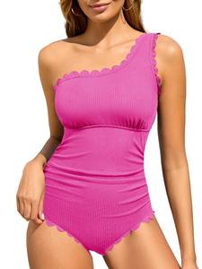 lot 9990 image: Summer Mae One Shoulder Womens One Piece Swimsuit Ribbed Scalloped Swim Suits Slimming Full Coverage Modest Bathing Suit Pink 14