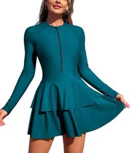 lot 9992 image: ZAFUL Womens One Piece Rash Guard Long Sleeve Modest Swimsuits Dress Zipper Bathing Suit Swimskirt 0-Blue XL