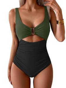 lot 9995 image: Eomenie Womens One Piece Swimsuit Tummy Control Ruched Bathing Suit Cutout V Neck Swimwear High Cut Tie Back Swim Suit Army Green, Black L