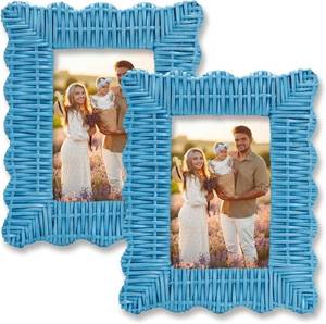 lot 153 image: Novabright Set of 2 Blue Rattan Picture Frames 4x6, Wavy Edge