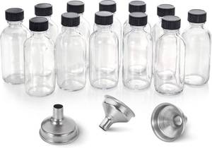 lot 167 image: AOZITA 12 Pack 2 oz Clear Glass Bottles with Lid & 3 Funnels