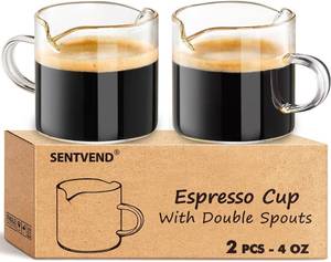 Espresso Cups Set of 2, 4 Oz, Handle, Double Spout, Clear Glass