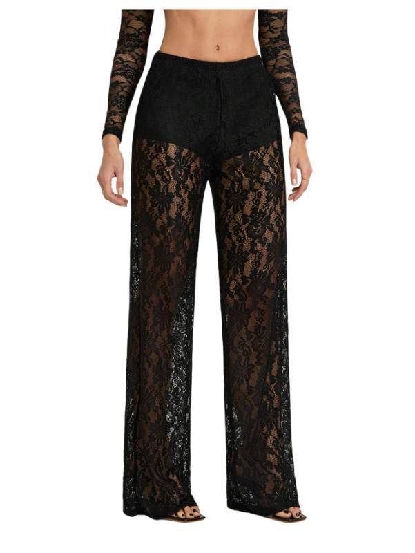 lot 31610 image: RoseSeek Womens Y2K Floral Lace See Through Pants Sheer Straight Leg Long Pants Club Wear Black Tall-M - Retail $35