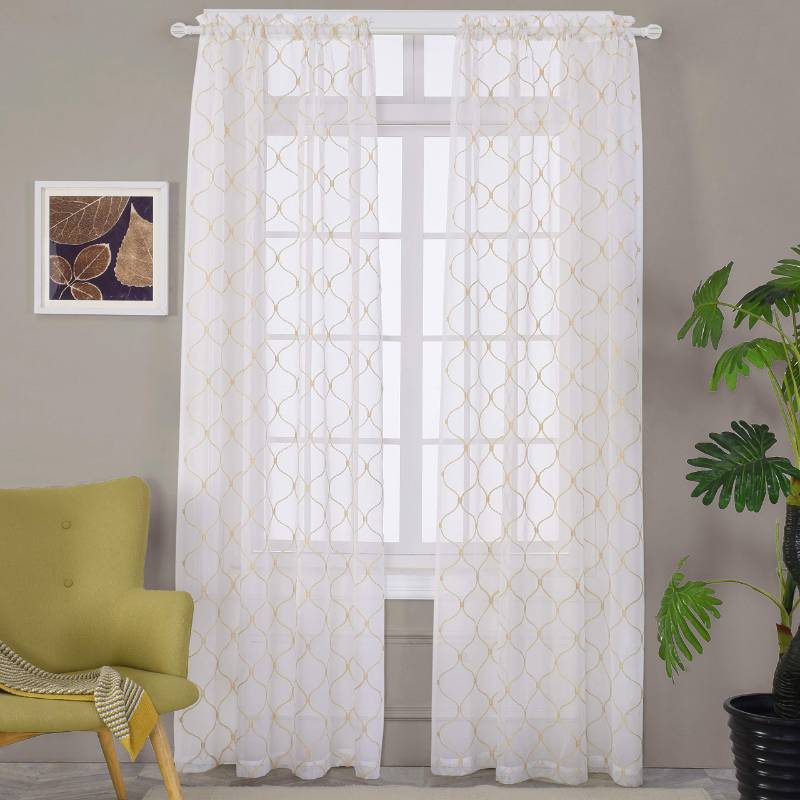 lot 32830 image: MYSTIC-HOME Embroidery Gold Sheer Curtains 84 Inches Long, Rod Pocket Sheer Drapes for Living Room, Bedroom, 2 Panels, 52x84, Semi Crinkle Voile Window Treatments for Yard, Patio, Villa, Parlor. - Retail $26