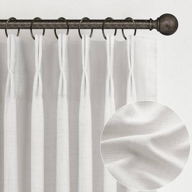 lot 32833 image: PleatedDrapes Beige White Sheer Linen Curtains 96 Inches Long for Bedroom, Neutral Modern Window Pinch Pleat Living Room Curtain for Sliding Glass Doors Light Filtering with Hooks 40 x 96x 2Panels - Retail $53