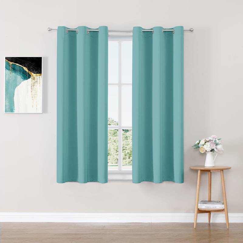 lot 32842 image: ChrisDowa Blackout Curtains 45 inches Long for Bedroom - 2 Panels Set Grommet Thermal Insulated Room Darkening Curtains for Living Room (Aqua, 38 x 45 Inch) - Retail $22