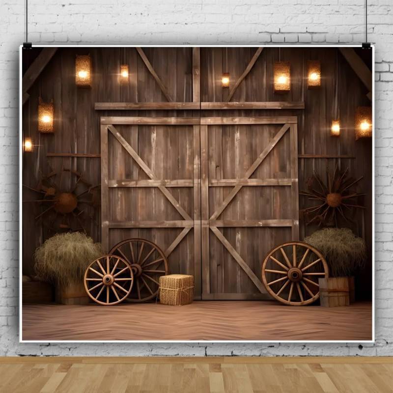 lot 32856 image: Western Cowboy Backdrop 10x10ft Farm Brown Wooden Barn Door Wild West Rodeo Photography Background Western Theme Birthday Party Decorations Studio Photo Booth Props - Retail $46