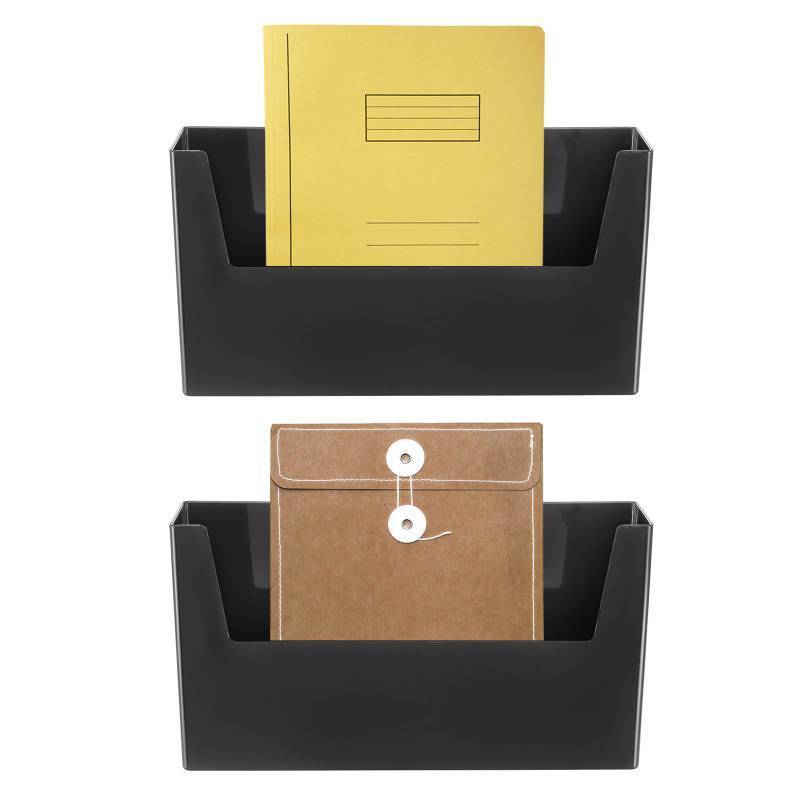 lot 32858 image: uxcell No Drilling File Holder, 2 Pcs Wall Mount File Organizer Magazines Organizer Door Mount Wall Hanging Pocket with Adhesive Pad, Black - Retail $19