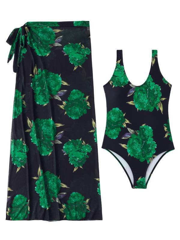 lot 42291 image: ChiaoLezhee Floral Swimsuit with Cover Up Skirt, Beach Vacation, 2 Piece Bathing Suit Coverup Flower Sarong Women Swim Mom Tummy Control Modest High Leg Cut Sexy Two Cheeky, Green Black, Small - Retail $30