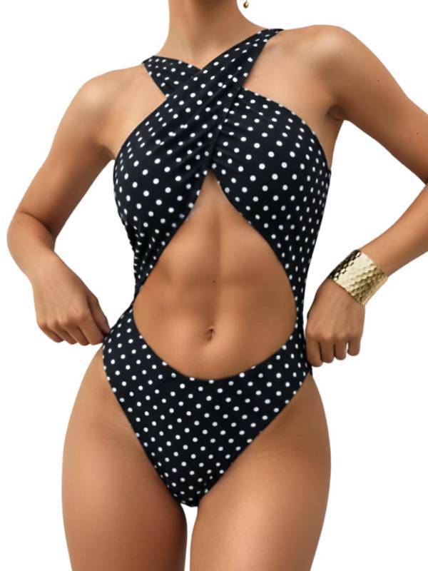 lot 42318 image: ChiaoLezhee Womens Sexy Halter Monokini, Criss-Cross Underboob Cutout, One Piece High-Cut Thong Swimsuit Beach Pool Party, Black Polka Dot, Small - Retail $40
