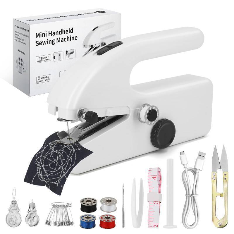 lot 44992 image: Xamanabu Handheld Sewing Machine for Beginners, Portable Mini Sewing Machine with Two Speed Modes, Easy to Operate and Fast Stitch Suitable for Clothes, Fabrics and Quick Home Repairs machine only - Retail $37