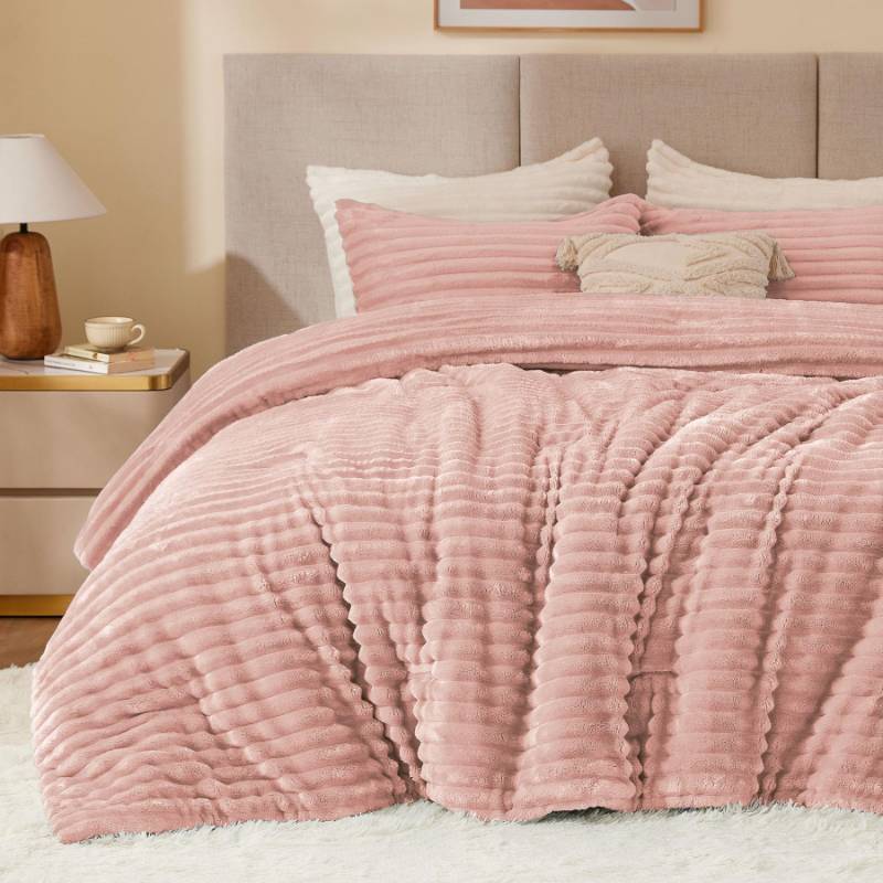 lot 61826 image: BEDELITE Fleece Full Comforter Set -Super Soft & Warm Fluffy Dusty Pink Bedding, Luxury Fuzzy Heavy Bed Set for Winter with 2 Pillow Cases - Retail $80