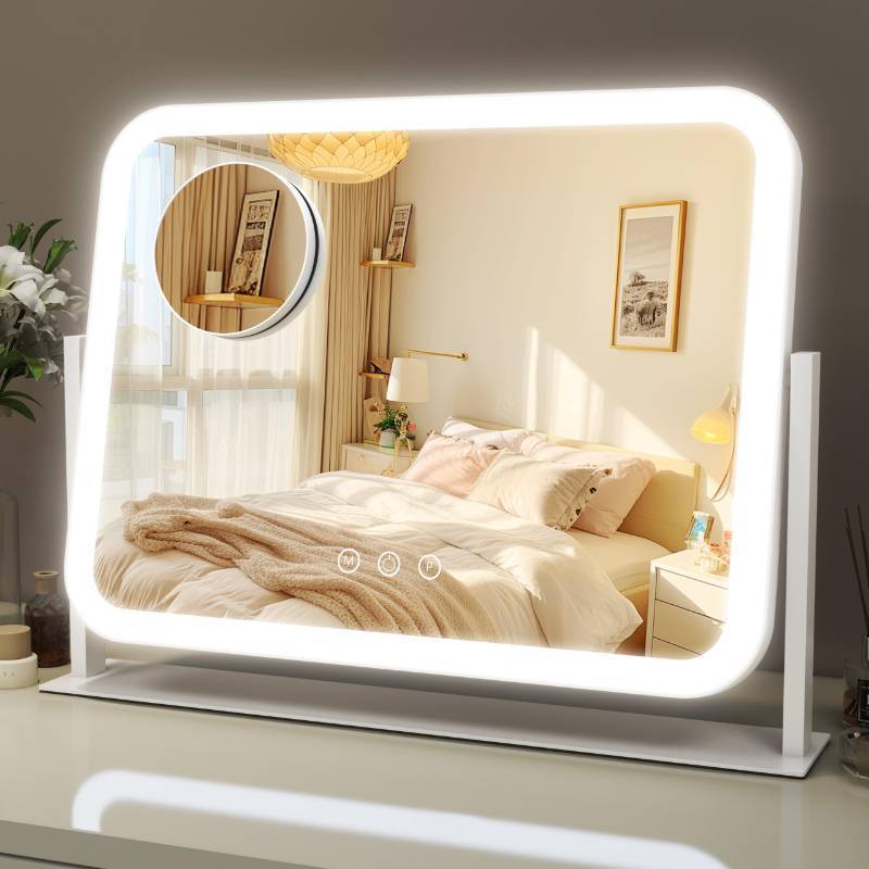 lot 62055 image: ROLOVE Lighted Makeup Mirror, 17x13 Vanity Mirror with Lights, 10X Magnification, Gifts for Women, 3 Color Lighting Modes, Smart Touch Control, 360° Rotation for Bedroom or Tabletop (White) - Retail $35