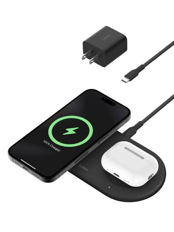 lot 22355 image: Belkin 2-in-1 Wireless Charging Pad w Qi2 15W  Additional USB-C Port - MagSafe-Compatible Charger, Charging Station for iPhone 16 & 15 Series, Samsung Galaxy S25 Series, AirPods, & More - Black - Retail $80