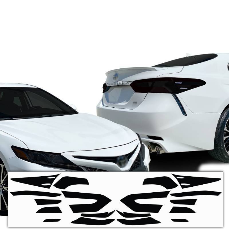 lot 22424 image: BOGAR TECH DESIGNS - Complete Full Headlight and Taillight Precut Overlay Tint Kit with Tools Compatible with Toyota Camry 2018-2024, Dark - Retail $50