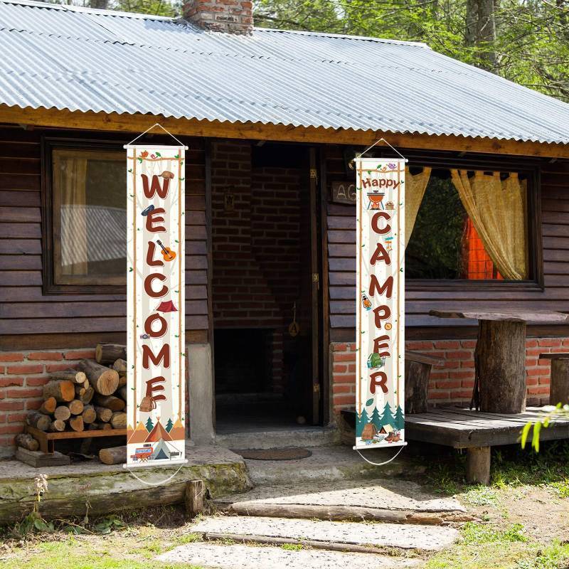 lot 30142 image: Camping Party Banner & Sign - Welcome Banner for Themed Birthday Party & Baby Shower Decorations - Retail $12