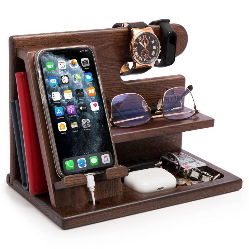 lot 32796 image: TESLYAR Wood Phone Docking Station for Men - Desktop or Nightstand Organizer - Birthday Gifts for Men, Dad - Anniversary Idea from Wife - Key Holder, Stand Wallet, Watch & Essentials (Chestnut) - Retail $31
