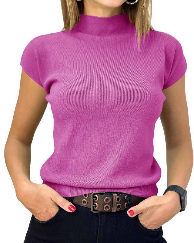 lot 32804 image: Saodimallsu Womens Short Sleeve Sweater Mock Neck Summer Casual Basic Knit Slim Fitted Pullover Tops Shirt Rose Red - Retail $24