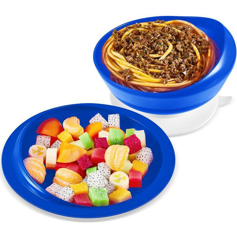 lot 32817 image: Hushee 1 Set Adaptive Spill Proof Scoop Bowl and Plate Set with Suction Base Non Skid Self Feed Suction Dinnerware for Elderly Disabled Handicapped from Parkinsons Tremor (Blue) - Retail $20