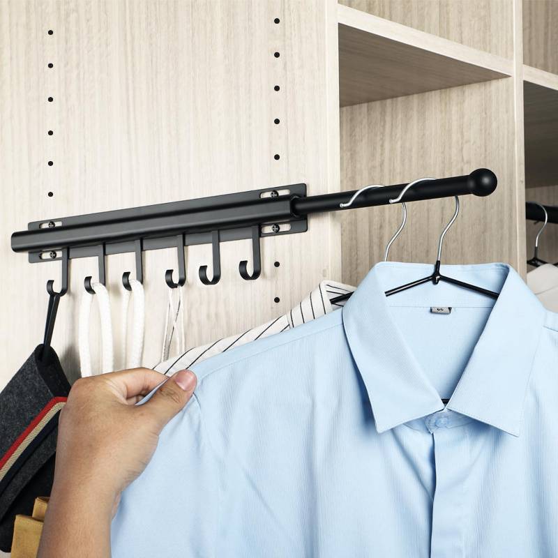 lot 33506 image: BaiNong Valet Rod for Closets Pull Out Closet Valet Rod Slide Out Extra long 16.5 inch Black Valet Rods for Closets With 6 Hooks - Retail $30