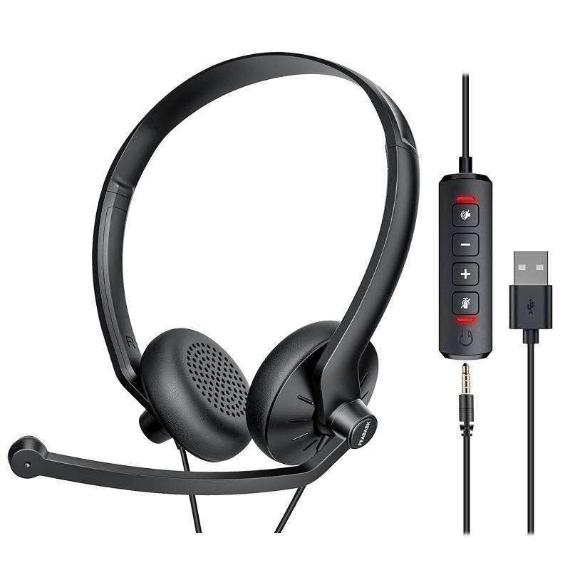 lot 33521 image: FEABASK USB Headset with Microphone for PC Laptop - Wired Computer Headphones with Noise Cancelling Microphone for Home Office Online Class Skype Zoom Meetings,in Line Mute Controls - Retail $20