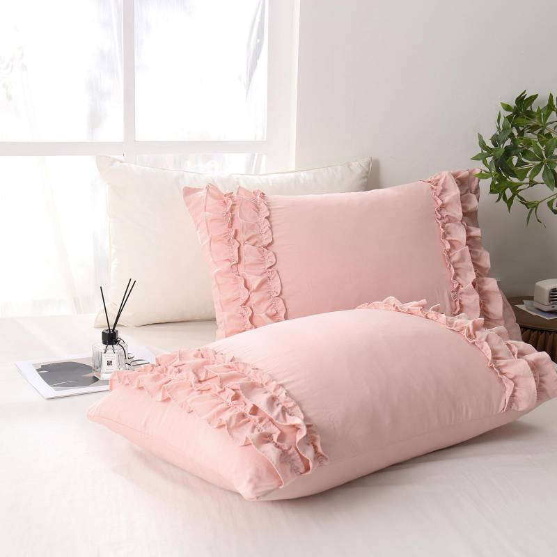 lot 40954 image: Herside Pink Ruffle King Size Pillowcase Set of 2,Chic Ruffle Pillow Sham,20x36 inches Pillow Covers,French Country Vintage Ruffled Pillowcases 2 Pack,Ultra Soft Microfiber(Pink,King) - Retail $23