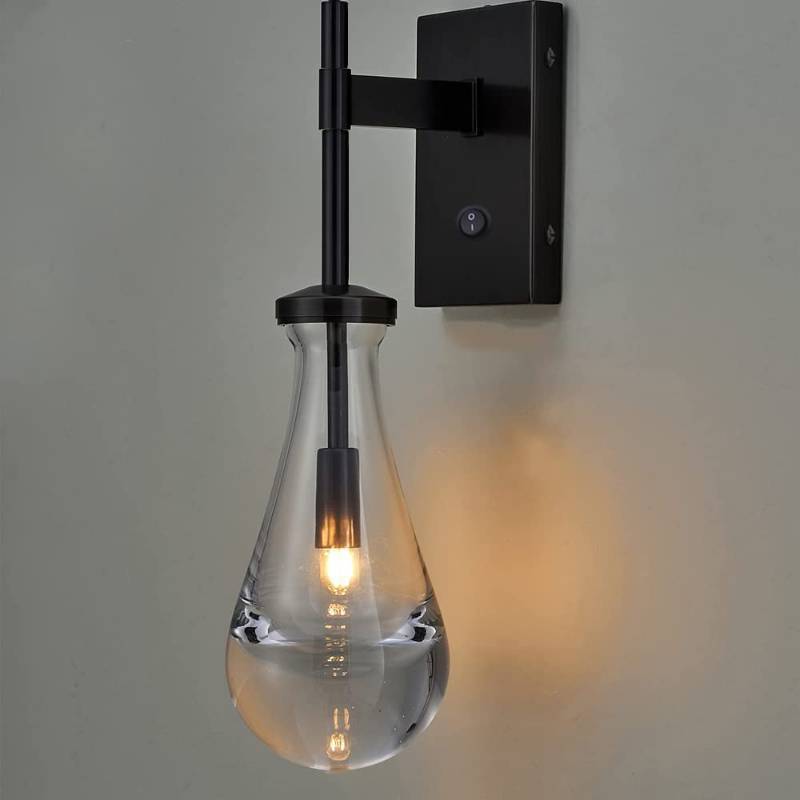 lot 22536 image: HuisMier Black Wall Sconces, Raindrop Sconces Wall Lighting with OnOff Switch Button, Modern Clear Glass Vanity Light Fixtures Raindrop Wall Sconce for Bathroom Bedroom Living Room Hallway - Retail $150