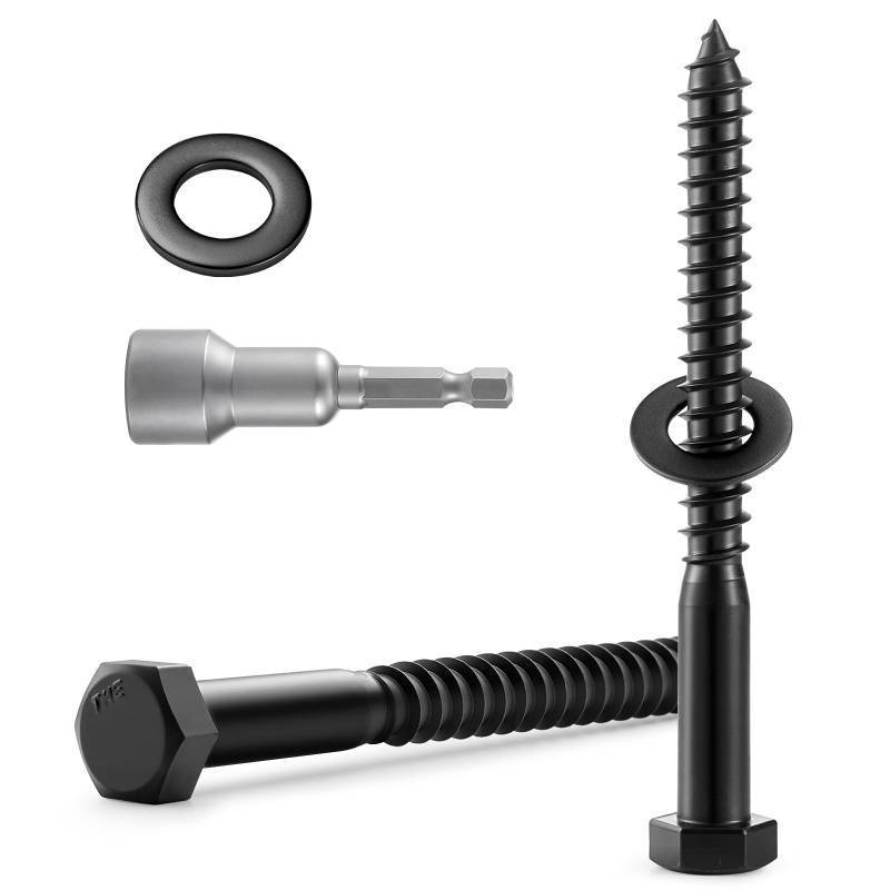 lot 41469 image: BNUOK 3 Sets 12 x 4 Hex Head Lag Screws Bolts with Flat Washers 304 Stainless Steel 18-8 Black Zinc Plated Heavy Duty Lag Screw for Wood - Retail $10