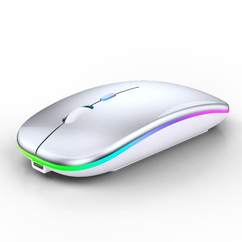 lot 41494 image: WREANU Wireless Bluetooth Mouse Rechargeable Laptop Mice with LED Lights Silent Slim Use(BT5.2 and 2.4G Portable USB Receiver)Dual Mode Computer Mouse for LaptopiPadTabletAppleComputerMac(Silver) - Retail $7