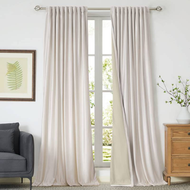 lot 50308 image: Blackout Ivory Off White Velvet Curtains 108 inch Long for Living Room,Set of 2 Panels Liner Rod Pocket Back Tab Thermal Window Drapes Room Darkening Heavy Decorative Curtains for Bedroom 100% - Retail $70