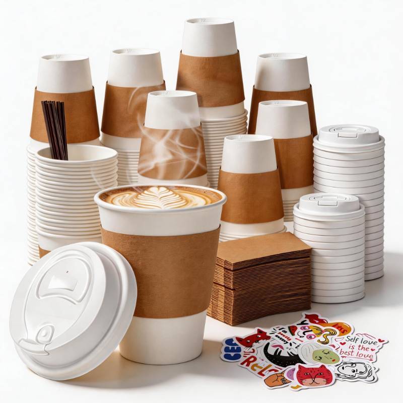 lot 22719 image: BIBBOO 12 oz Disposable Coffee Cups with Lids, Sleeves and Stirrers 100 Pack, Hot Cups with Lids, Leak-Proof To Go Cups for Hot Chocolate, Cocoa, Office, Coffee Bar Accessories - Retail $20