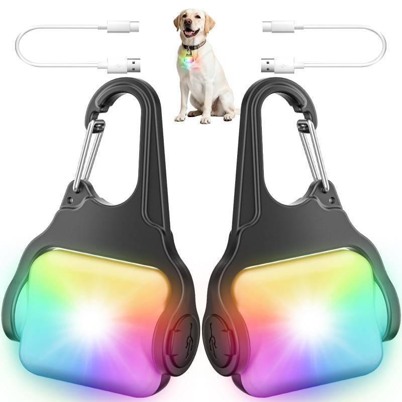 lot 29263 image: Dog Collar Light 2 Pack, Dog Lights for Night Walking 4 Modes, Waterproof Dogs Light Clip on Rechargeable, LED Dogs Walking Lights for Night Running, Camping, Climbing, Bike - Retail $10