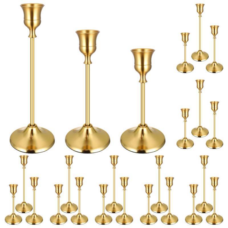 lot 43581 image: Brass Gold Taper Candle Holders Set, Vintage Metal Candlestick Holders for Table Centerpiece, Wedding Reception, Festive Christmas Mantel Decoration Gold - Retail $37