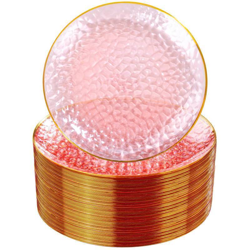 lot 43613 image: Rubtlamp Pink Gold Dessert Plates hammered party plates, Pink Disposable Plates With Gold Rim, 7 Inch Dessert Platos Disposable, Plastic Appetizer Plates Perfect for Mothers Day - Retail $35