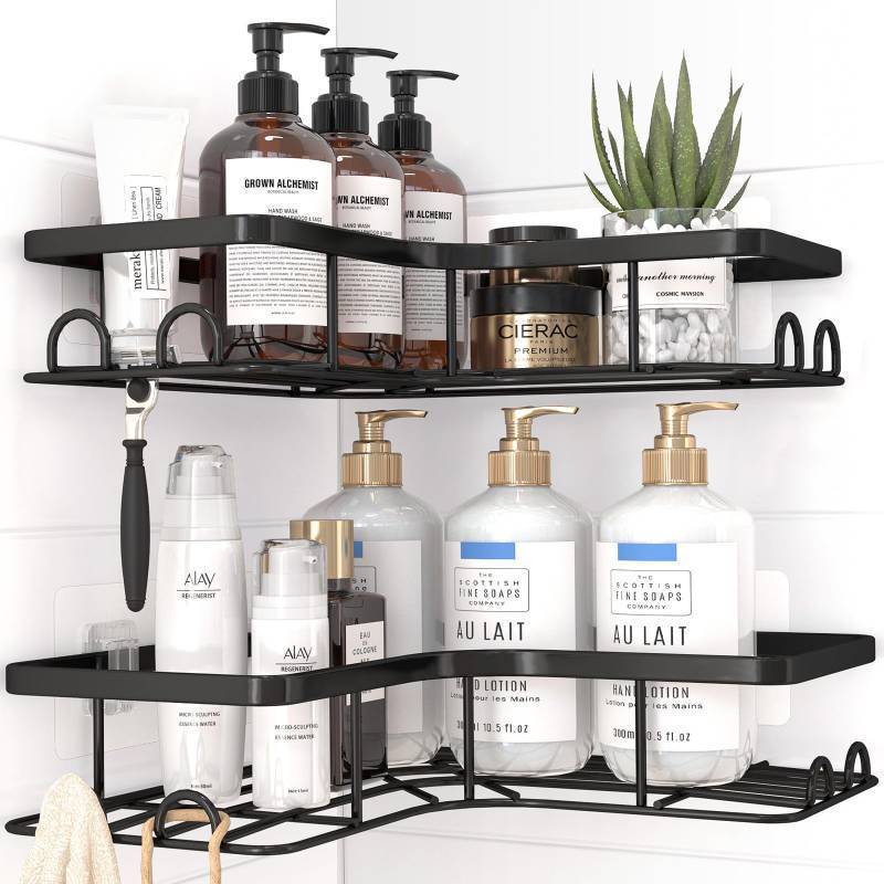 lot 32096 image: Sakugi Corner Shower Caddy - 2 Pack, Adhesive Shower Organizers, Rustproof Stainless Steel Shower Shelves with 8 Hooks, No Drilling Bathroom Organizers and Storage Racks, Space-Saving, Black, Large - Retail $25
