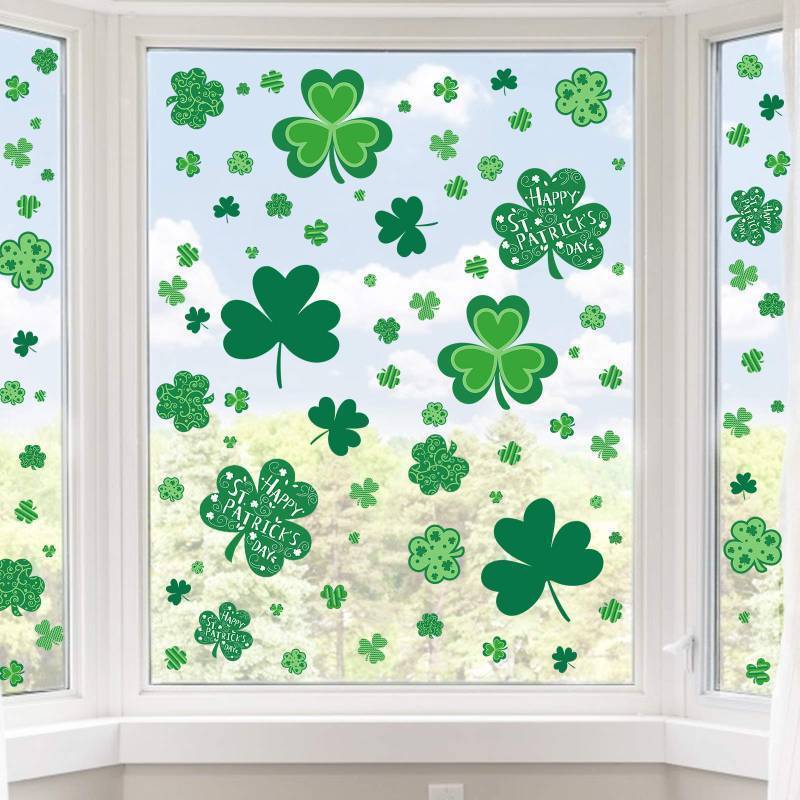 lot 33378 image: St Patricks Day Window Clings, 109 Pcs Shamrock Window Stickers for St Patricks Day Decorations - Retail $10