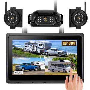 lot 17062 image: WOOCARTY 10.1 - 4 Wireless RV Backup Camera System, 1080P DVR Touch Screen Rear Side Cameras for Monitoring, Compatible with Furrion Pre-Wired Plug, Clear Night Vision Camera for Trailer Truck, A24 - Retail $267
