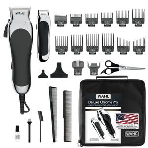 lot 23067 image: Wahl Clipper USA Deluxe Corded Chrome Pro, Complete Hair and Trimming Kit, Includes Corded Clipper, Cordless Battery Trimmer, and Styling Shears, for a Cut Every Time - Model 3029682 - Retail $55