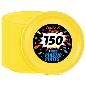 lot 23070 image: WELLIFE Yellow Party Plates 7 Inch -150 Count, Plastic Disposable Dessert Plates for Party Easter Mothers Day Cake Appetizers Salad Picnic BBQ - Retail $24