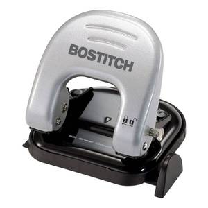 lot 23078 image: Bostitch Office EZ Squeeze Reduced Effort 2-Hole Punch, 2 Sheets, Locking Handle, Silver (231) - Retail $14