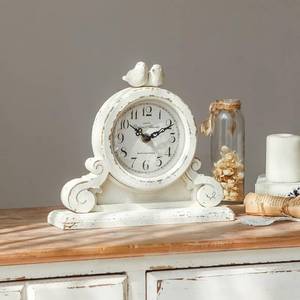 lot 23082 image: NIKKY HOME Vintage Mantel Table Clock with 2 Birds, Silent Non-Ticking Battery Operated Desk Shelf Rustic Wooden Clock for Living Room Decor - Distressed White - Retail $49