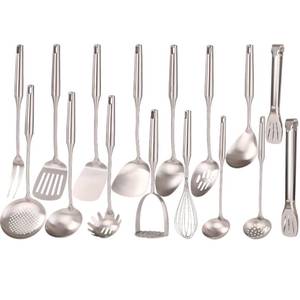 lot 23086 image: 1810 Stainless Steel Cooking Utensils Set - 16 PCS All Metal Small & Large Kitchen Spoons, Serving Utensils - Whisk, Masher, Fork, Tongs, SolidSlotted Spoon, Spatula, Turner, Ladle, Skimmer, Pasta